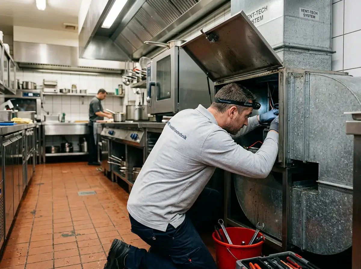 Techniker reinigt Küchenabluft in einer Wiener Gastronomie
