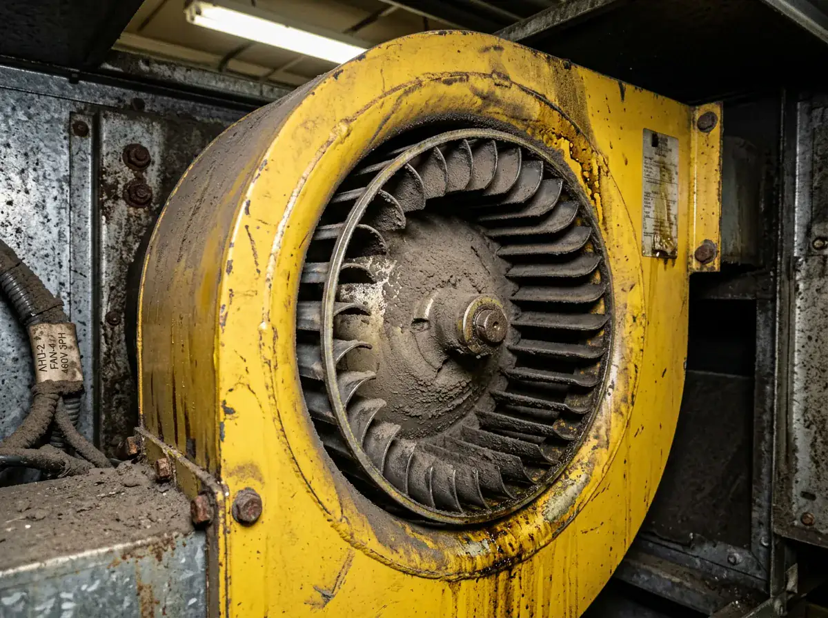 Verschmutzter gelber Ventilatormotor mit Ablagerungen