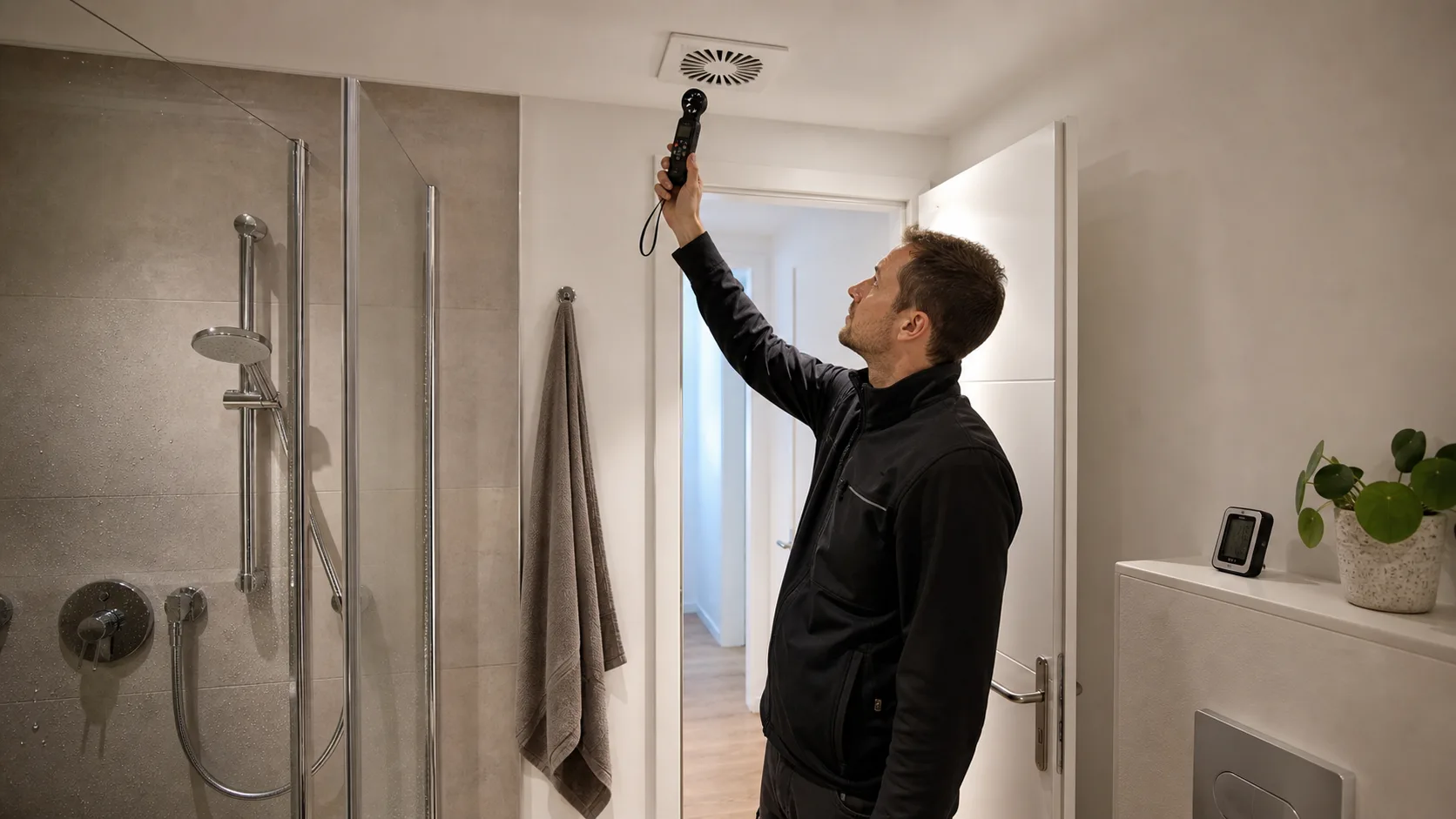 Lüftungstechniker misst den Luftstrom am Deckenauslass eines fensterlosen Badezimmers