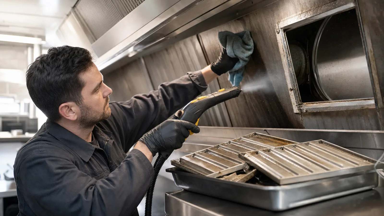 Techniker in neutraler Arbeitskleidung reinigt eine Edelstahl-Dunstabzugshaube in einer professionellen Restaurantküche; sichtbar sind Fettfilter und ein Absaugkanalzugang, realistische Servicefotografie ohne Logos und ohne Text