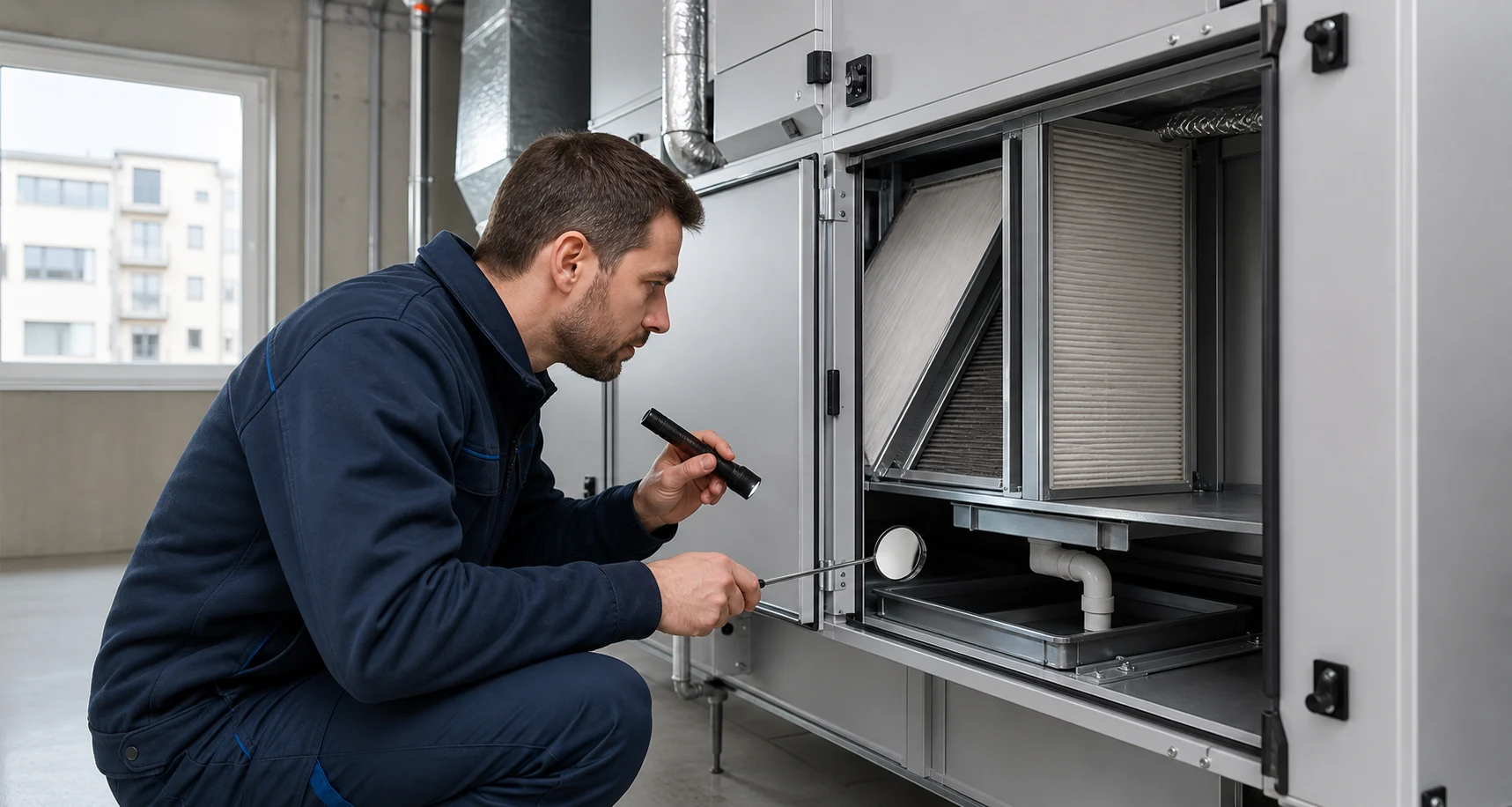 Servicetechniker prüft in einem Wiener Technikraum eine geöffnete Lüftungsanlage mit Filterfach und Kondensatwanne, realistische Servicefotografie ohne Logos und ohne Text