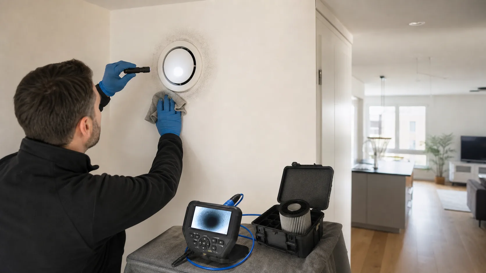 Techniker prueft einen runden Luftauslass mit sichtbarem Staubrand in einer modernen Wohnung, Inspektionskamera und Filterbox daneben