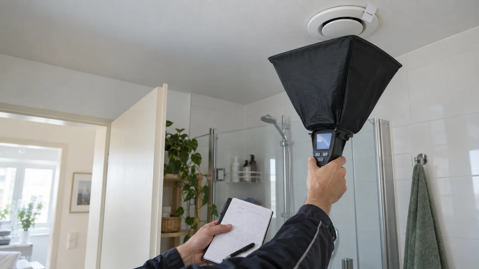 Lüftungstechniker misst mit einer Volumenstromhaube an einem Tellerventil im Badezimmer